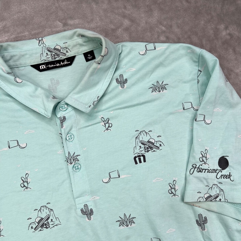 Travis Mathew Polo Shirt‎ Men's XL Blue All The Tacos Performance Skull Cactus
